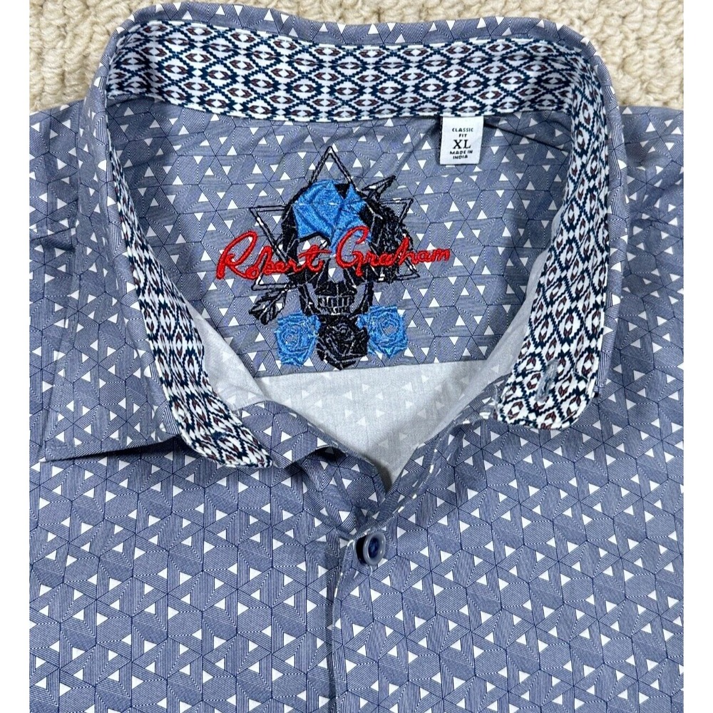 Robert Graham Long Sleeve Shirt Mens XL Blue Abstract Geometric Tribal Flip-Cuff